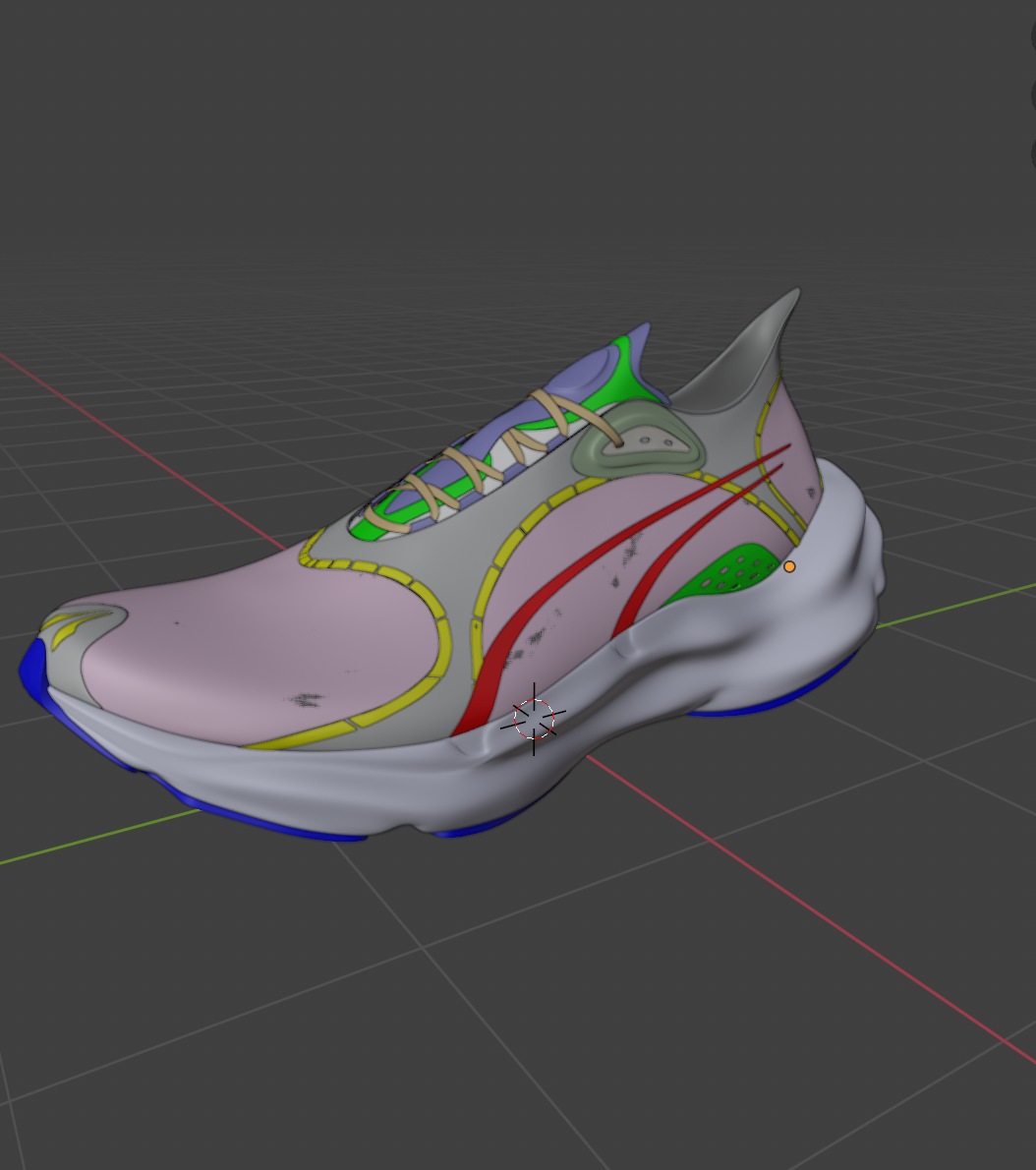 Blender viewport of the shoe with color-coded zones