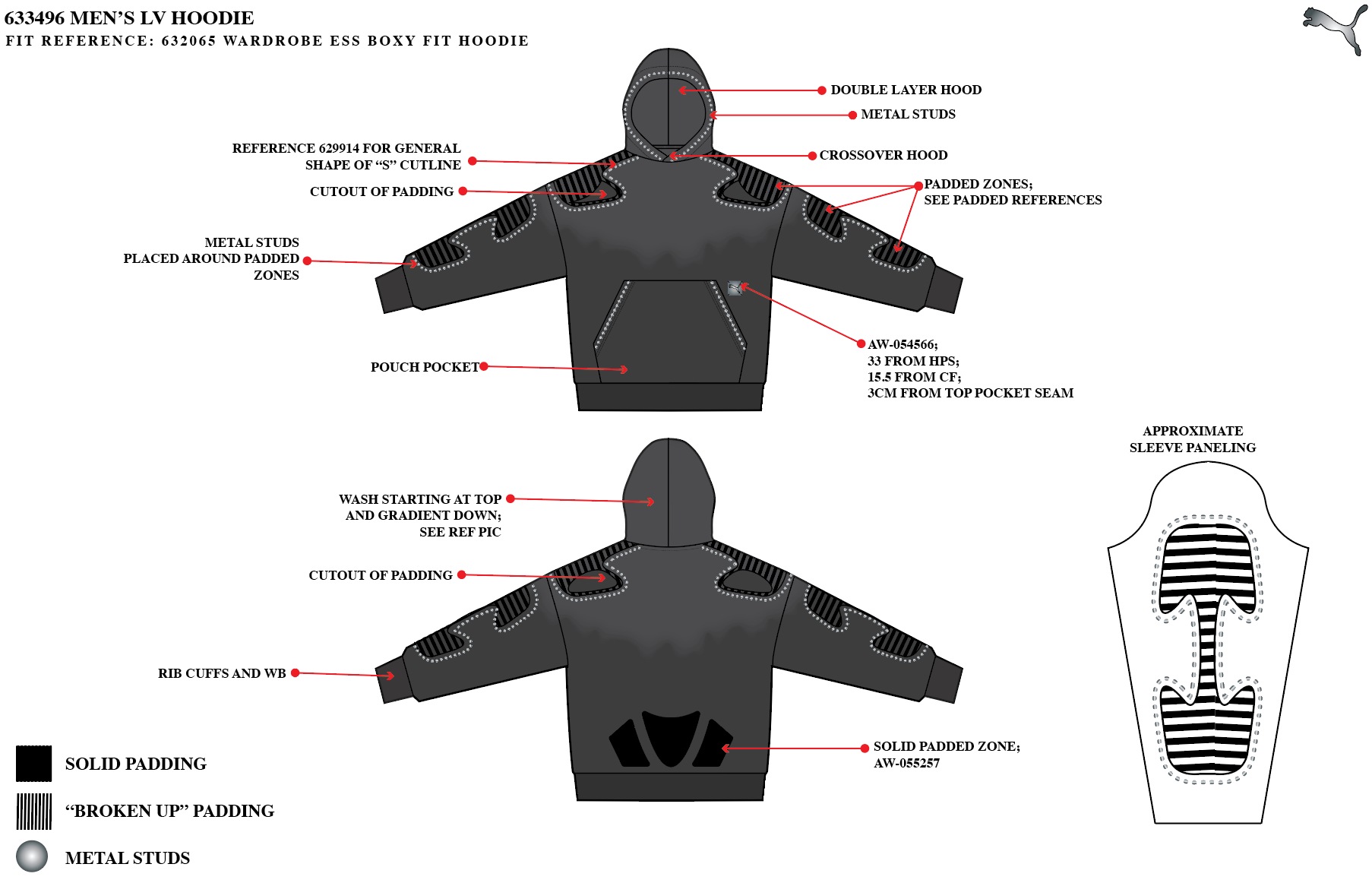 Front and back flats of the studded hoodie with callouts