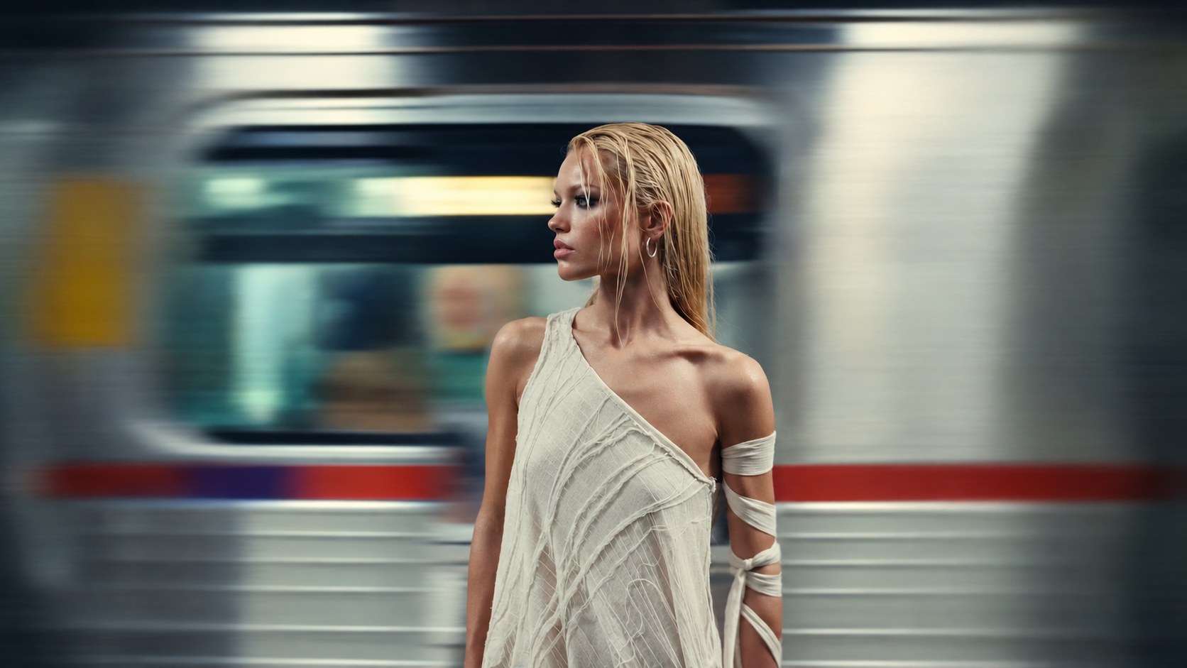 The Gauze Gown on a subway platform