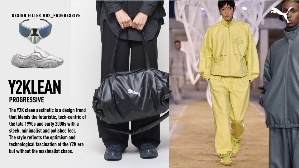 Slide titled Y2Klean Progressive with runway looks and a black duffle bag